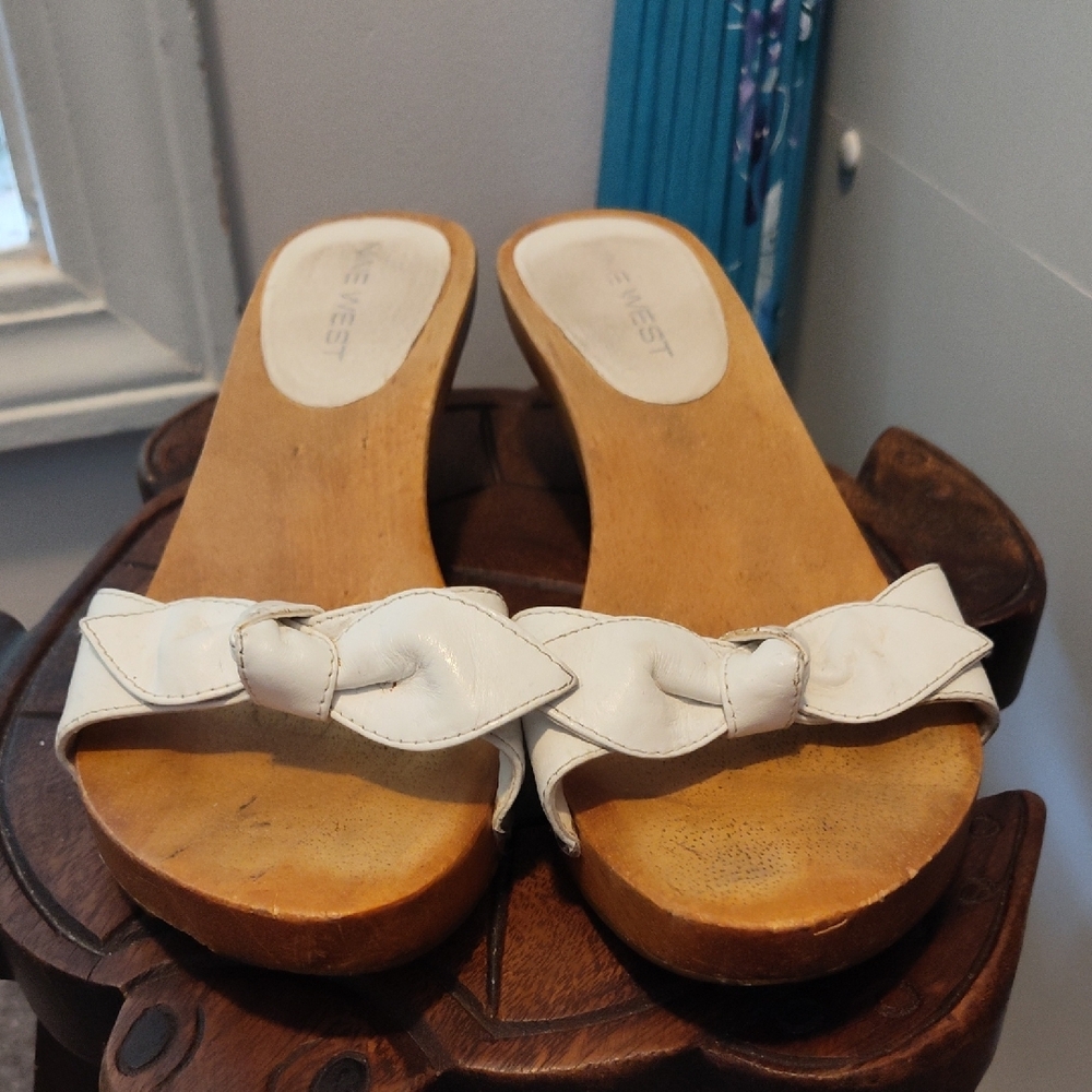 Nine West White Mules with Bow Detail